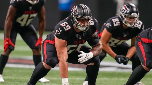 Aug 29, 2021; Atlanta, Georgia, USA; Atlanta Falcons offensive tackle Jason Spriggs (69) in action at Mercedes-Benz Stadium. Mandatory Credit: Dale Zanine-USA TODAY Sports